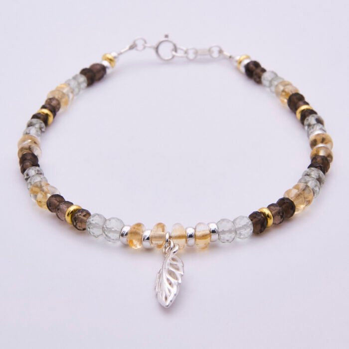 Smoky Quartz, Green Amethyst and Citrine Sterling Silver bracelet with 3D leaf charm, shown on plain white background with clasp at the top and leaf at the bottom