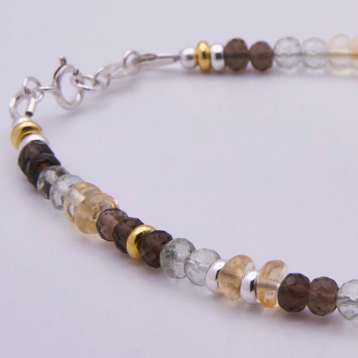 Smoky Quartz, Green Amethyst and Citrine Sterling Silver bracelet with 3D leaf charm, image shows close-up of clasp and beads on either side, on plain white background