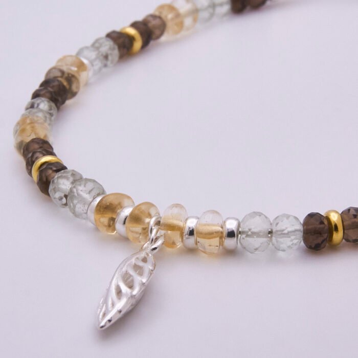 Smoky Quartz, Green Amethyst and Citrine Sterling Silver bracelet with 3D leaf charm, image shows close-up of leaf charm with beads either side