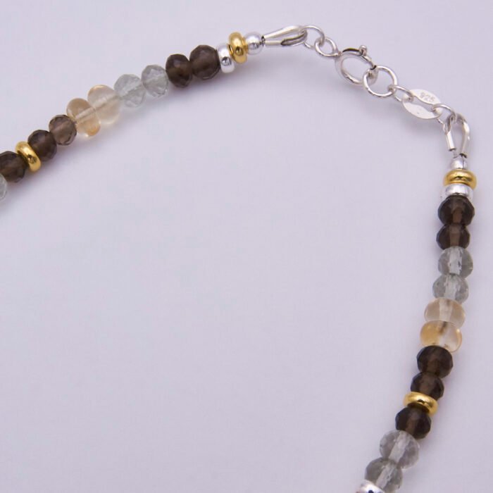 Smoky Quartz, Green Amethyst and Citrine Sterling Silver bracelet with 3D leaf charm, image shows clasp end of bracelet with beads on either side, on plain white background