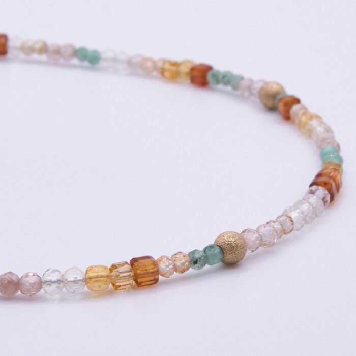Autumn Colours Mixed Gemstone Gold Vermeil Bracelet, image shows close-up of part of gemstone strand on plain white background