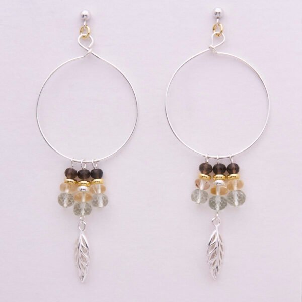 Mixed Metals Leaf Charm Gemstone Hoop Earrings, shown hanging on plain white display card