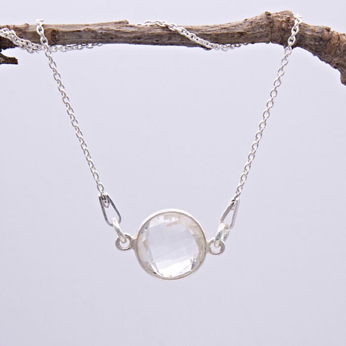 Smoky Quartz or Crystal Quartz round bezel set faceted gemstone Sterling Silver necklace Smoky Quartz or Crystal Quartz round bezel set faceted gemstone Sterling Silver necklace, image shows Crystal Quartz necklace hanging from twig