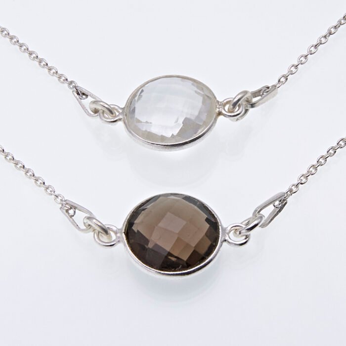 Smoky Quartz or Crystal Quartz round bezel set faceted gemstone Sterling Silver necklace Smoky Quartz or Crystal Quartz round bezel set faceted gemstone Sterling Silver necklace, image shows close-up of the two different stones on a plain white background