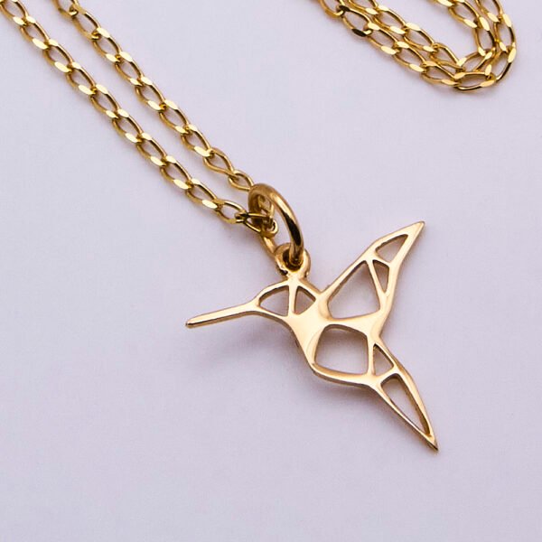 Origami-style Gold Hummingbird Pendant Necklace, image shows close-up of Hummingbird on plain white background