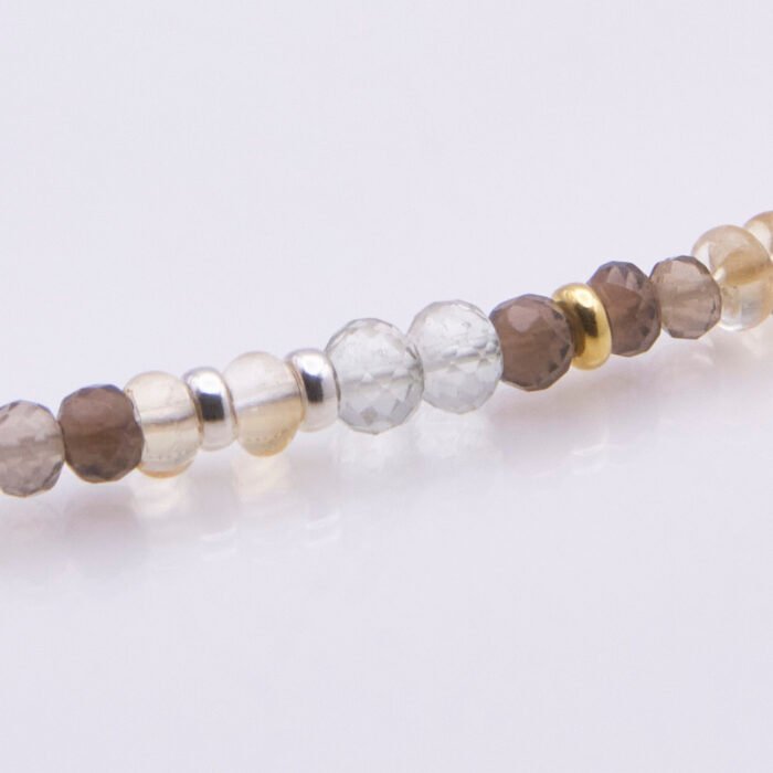 Leaf Charm Mixed Gemstone Necklace, images shows close-up of part of gemstone strand on plain white background