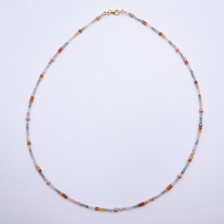 Autumn Colours Mixed Gemstone Gold Vermeil Necklace, shown from above on plain white background