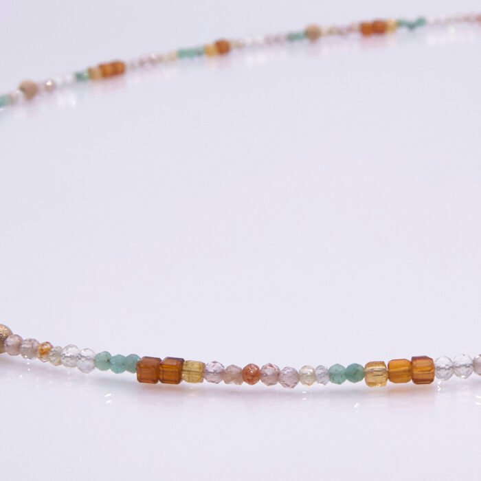 Autumn Colours Mixed Gemstone Gold Vermeil Necklace, image shows parts of gemstone strand on plain white background