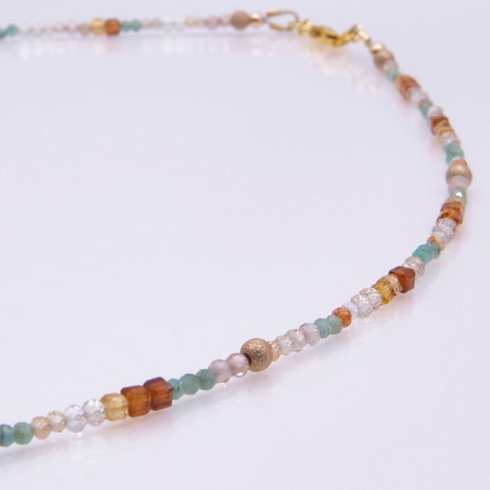 Autumn Colours Mixed Gemstone Gold Vermeil Necklace, images shows close-up of part of gemstone strand and clasp, on plain white background