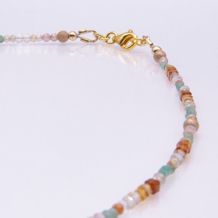 Autumn Colours Mixed Gemstone Gold Vermeil Necklace, image shows close-up of part of gemstone strand and clasp, on plain white background