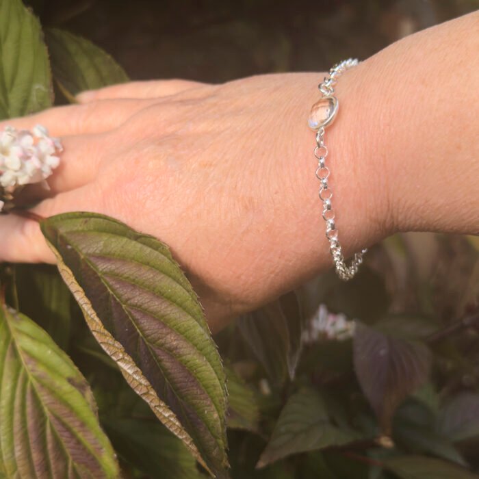 Crystal Quartz Heavyweight Belcher Chain Bracelet, image shows bracelet worn on model's wrist