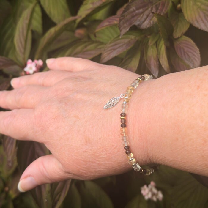 Leaf Charm Mixed Gemstone Bracelet, shown worn on model's wrist