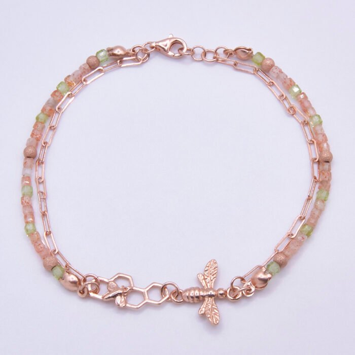 Rose Gold Bee and Gemstone Bracelet, shown viewed from above on plain white background