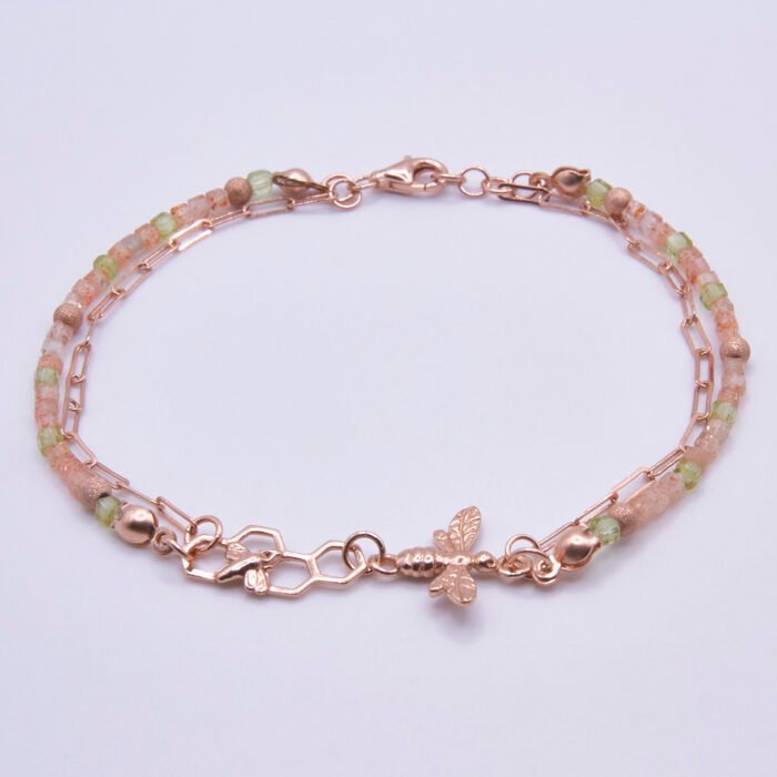 Rose Gold Bee and Gemstone Bracelet, shown on plain white background