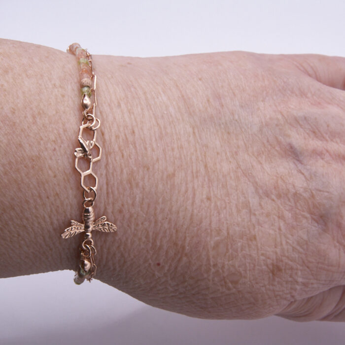 Rose Gold Bee and Gemstone Bracelet, shown worn on wrist