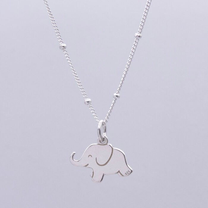 Sterling Silver Elephant Charm on Satellite Chain, image shows close-up of elephant on chain with plain white background
