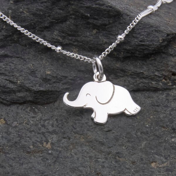 Sterling Silver Elephant Charm on Satellite Chain, image shows close-up of elephant on dark stone background