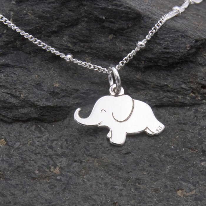 Sterling Silver Elephant Charm on Satellite Chain, image shows close-up of elephant on dark stone background