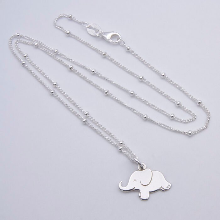 Sterling Silver Elephant Charm on Satellite Chain, shown on plain white background with chain looped on loose "n" shape