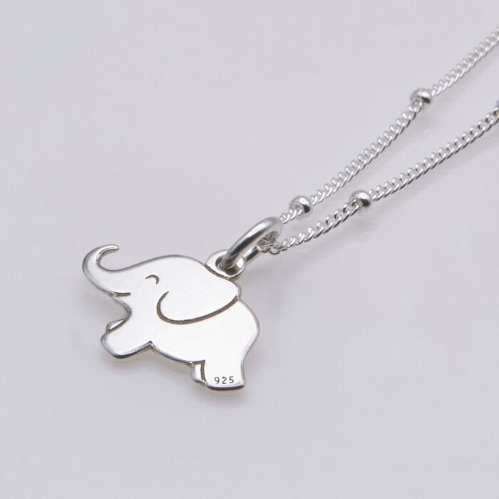 Sterling Silver Elephant Charm on Satellite Chain, image shows close-up of elephant, seen at an angle, on plain white background
